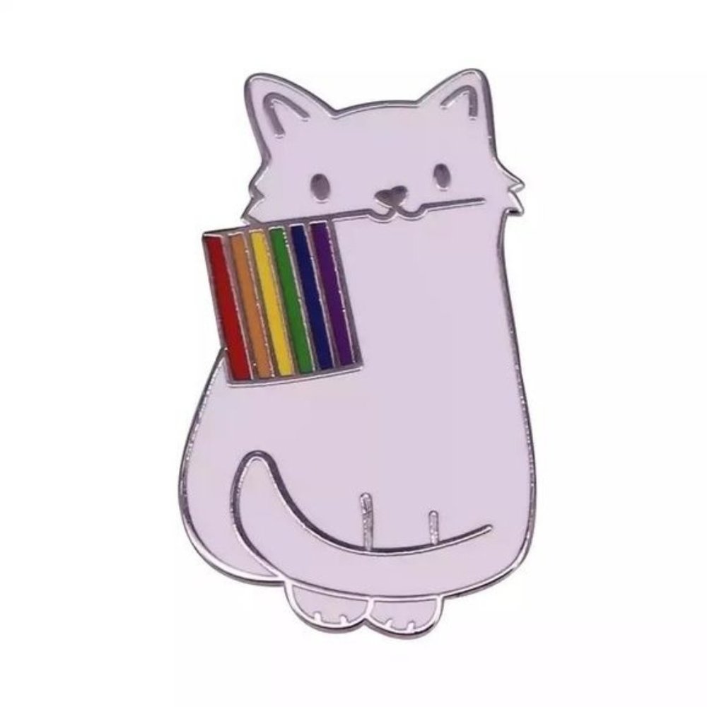 Cat pride enamel pin white kitty rainbow flag